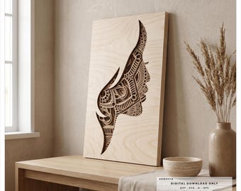 May include: A rectangular light-colored wooden wall art piece featuring a laser-cut profile of a human face filled with intricate mandala patterns. The design includes text stating: DIGITAL DOWNLOAD ONLY, DXF-SVG-AI-EPS, SIZE 375mm x 255mm, LAYERS 6, MATERIAL 3mm PLYWOOD/MDF/HDF, TYPE LASER CUT/CNC ROUTER.