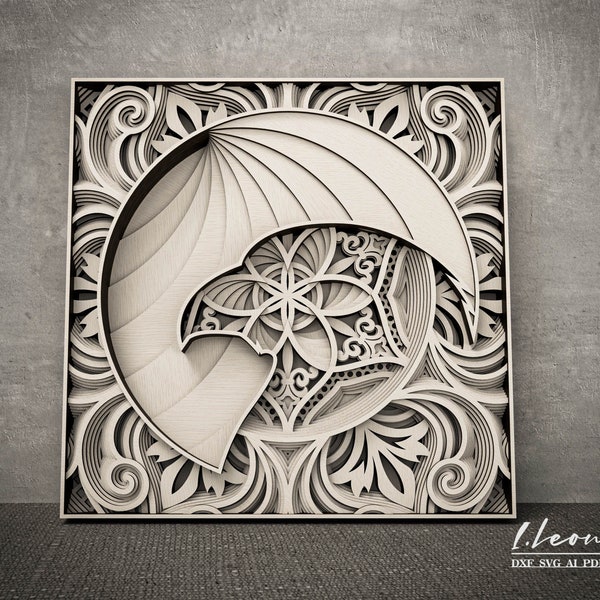 Laser cut wall art, Eagle silhouette in mandala vector file,  Multilayer dxf file for laser cutting, Paper cut pdf pattern