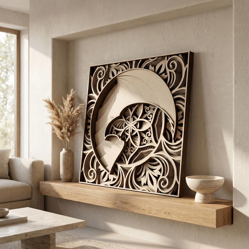 May include: A square, multi-layered wooden wall art piece featuring a central crescent moon shape overlapping a geometric flower of life pattern, surrounded by intricate, swirling filigree cutouts in natural light wood tones.