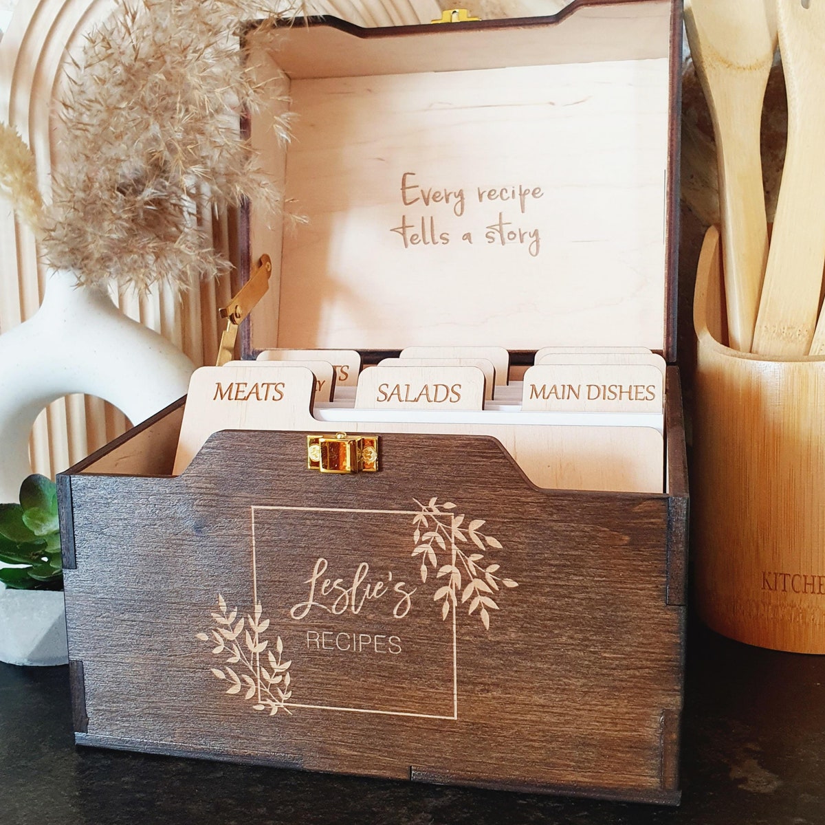 Personalized Wooden Recipe Box With Dividers and Cards Recipe Box Recipe Cards Box Christmas Gift for Mom Hausewarming Gift Gift for Wife - Etsy