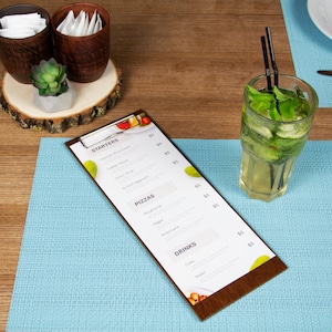 Tablero de menú de mesa, madera, exhibición de tienda, cubierta de menú personalizada, portapapeles para menú de restaurante, carpeta de menú de mesa al por mayor, soporte para menú de mesa, menú de boda