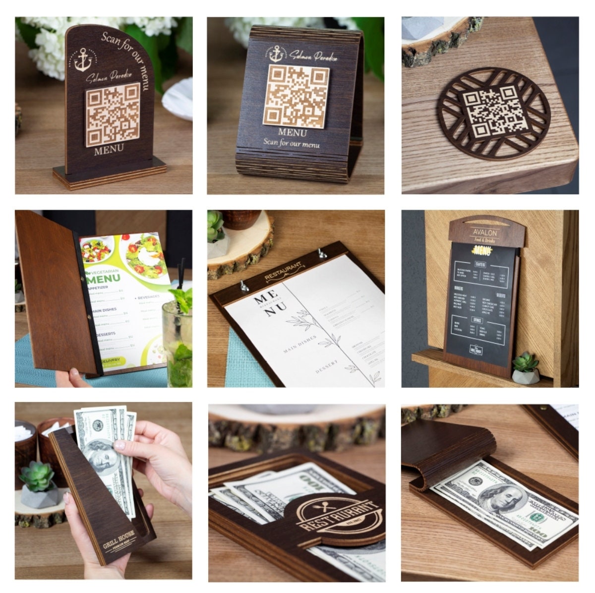 Menu Folder Stand Wooden Menu Folder Logo Table Menu Holder on Rings Personalized Menu ...