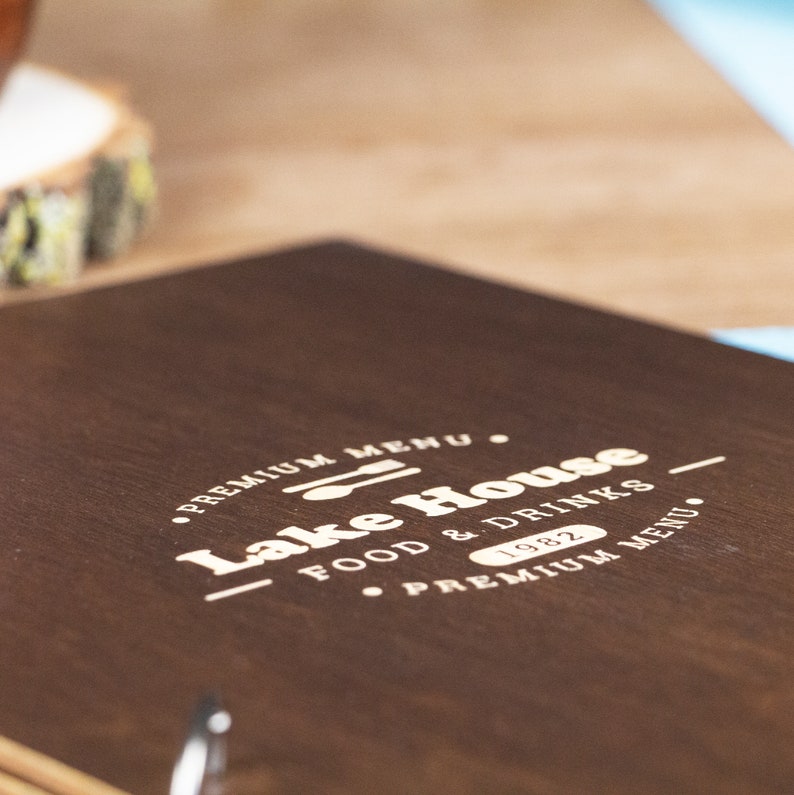 Wooden Menu Folder Logo Table Menu Holder on Rings Personalized Menu ...
