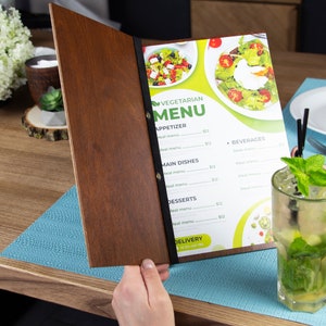 Porte-menu en bois avec bracelet en cuir pour menu de table, couverture de menu personnalisée gravée, porte-menu de restaurant personnalisé, menu de cocktail pour café