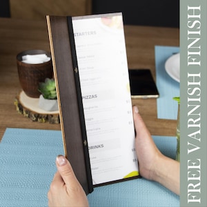 Porte-menus de restaurant avec bracelet en cuir Support de menu de table de restaurant Couvercle de menu gravé Support de carte des vins en bois Menu de cocktail de bar