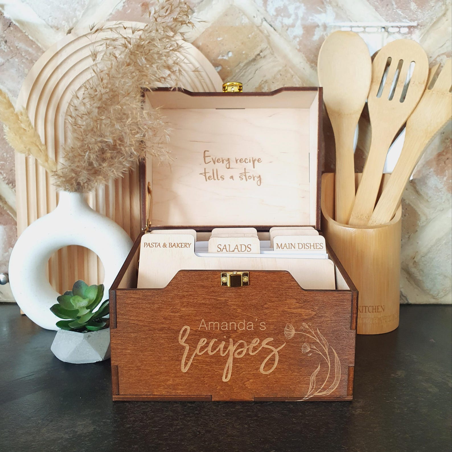 Personalized Wooden Recipe Box With Dividers and Cards Recipe Box Recipe Cards Box - Walnut