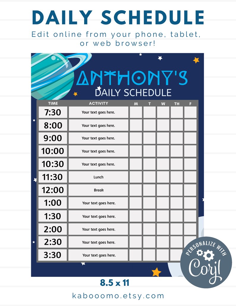 visual schedule EDITABLE || Space kids routine chart for kids chart task school chore chart Daily schedule children