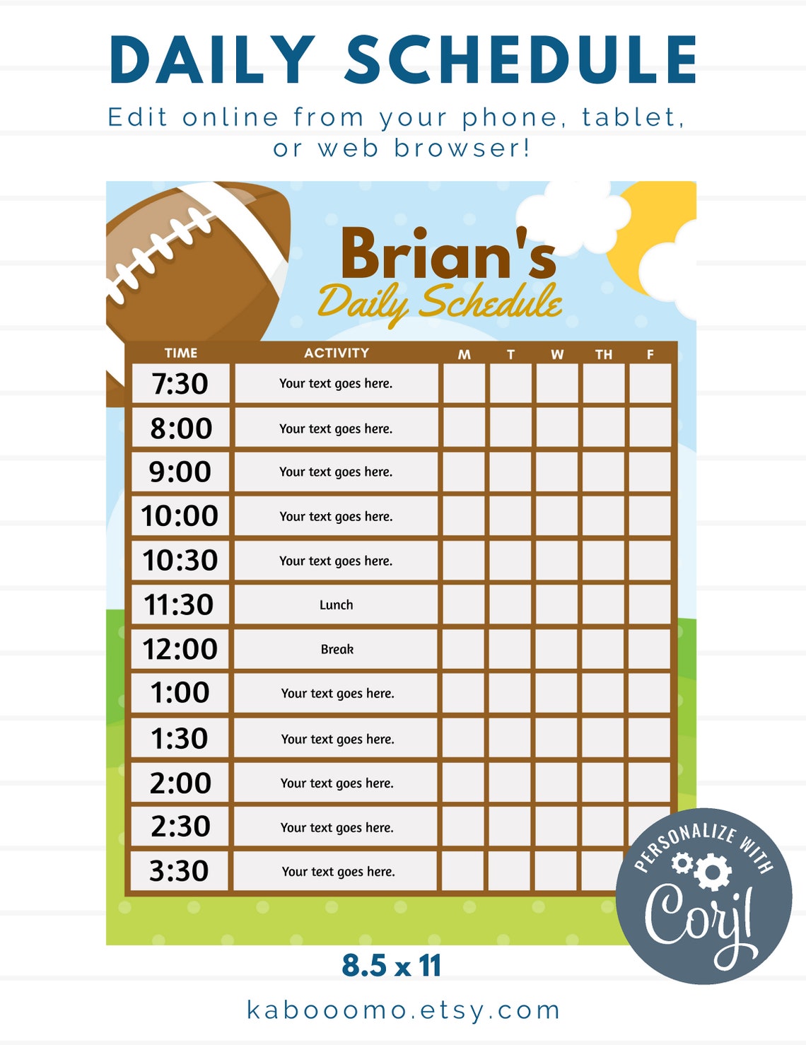 EDITABLE Football Daily schedule school kids task | Etsy