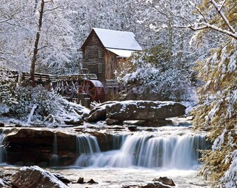 Glade Creek mill, in 3 seasons, Grist Mill, photography, picture, Babcock State Park, WV, old mill, photo, fine art, water mill