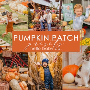 Puede incluir: Un collage de imágenes con un tema de huerto de calabazas. Las imágenes incluyen un niño en un huerto de calabazas, una familia frente a un huerto de calabazas, un niño en un huerto de calabazas, un gato en un huerto de calabazas y un cartel que dice "Pumpkin Patch Presets hello baby co."