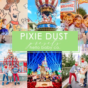 Op de afbeelding: Een collage van foto's met een gezin in Disney World. De foto's laten een gezin zien met jonge kinderen die genieten van de attracties van het park, waaronder een ritje in een luchtballon, een draaimolen en een kasteel. De foto's zijn gerangschikt in een raster met een groene banner bovenaan die "PIXIE DUST presets hello baby co." zegt.
