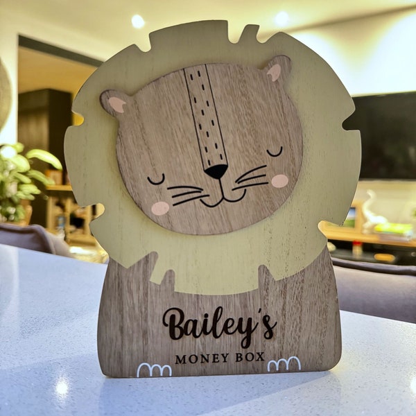 Personalized Wooden Lion Money Box for Children - Custom Engraved name with Money Box written underneath.