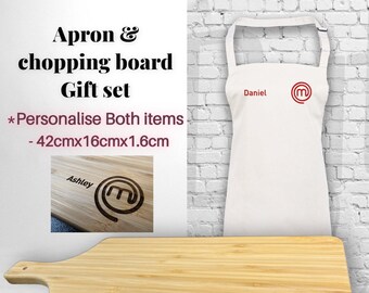 Personalised Embroidered MasterChef Apron - Customised Name with MasterChef Logo Embroidered Apron with engraved chopping board gift set