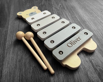 Personalised Teddy wooden engraved toy xylophone  Elephant baby first christmas first birthday. add name. baby gift. baby toy.