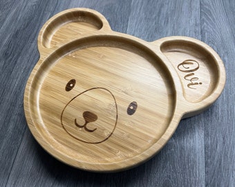 Personalised Bear dinner plate. Gifts for children. Cute baby gifts. The bamboo effect wooden childrens dinner plate.