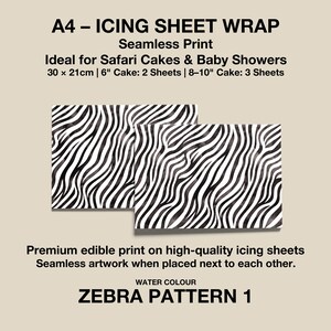 Könnte beinhalten: A4-Eisblatt-Wrap mit nahtlosem Zebra-Print-Design. Das schwarz-weiße Muster ist ideal für Safari-Kuchen und Babypartys. Die Bögen messen 30 x 21 cm. Der Text auf dem Bild lautet "ZEBRA PATTERN 1".