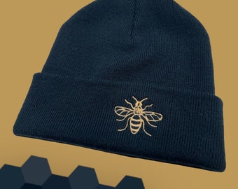 Manchester Bee Navy and Gold Embroidered Beanie Hat Unisex