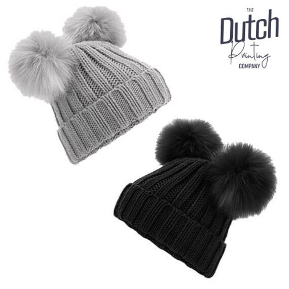 Faux Fur Double Pom Pom Beanie Hat 