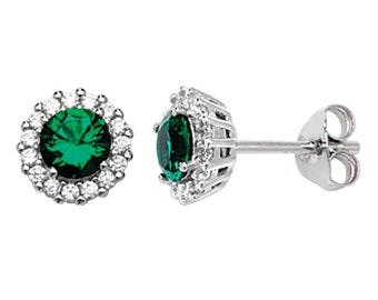 Aeon Green Emerald Colour and White Cubic Zirconia Round Earring - Hypoallergenic Sterling Silver Earrings for Women, Comfort Elegant Style