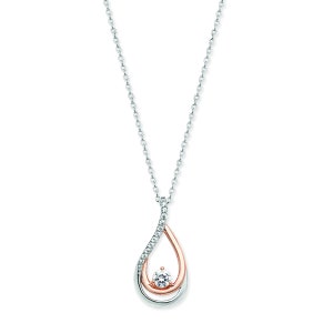 May include: A silver chain necklace with a teardrop-shaped pendant. The pendant is made of two intertwined loops of silver and rose gold, with a small clear crystal in the centre.
