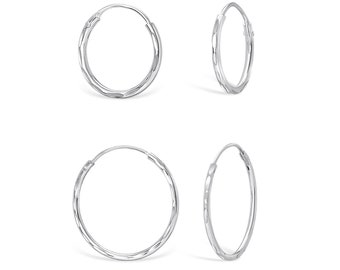 Aeon Real Sterling Silver  Set of Two Hoops with Diamond Cut Design 12mm and 20mm