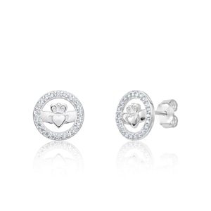 925 Sterling Silber Claddagh Ohrringe Set mit weißen Zirkonia.  Keltische irische Ohrringe Liebe Freundschaft und Loyalität Ohrringe für Frauen