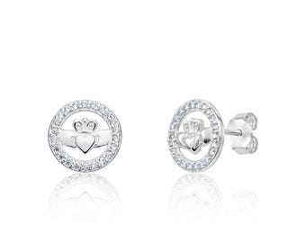 925 Sterling Silver Claddagh Earrings Set With White Cubic Zirconia's.  Celtic Irish earrings Love Friendship and Loyalty Earrings For Women