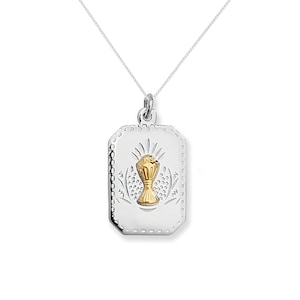 May include: Silver necklace with a rectangular pendant featuring a gold chalice design. The pendant has a detailed engraved pattern.