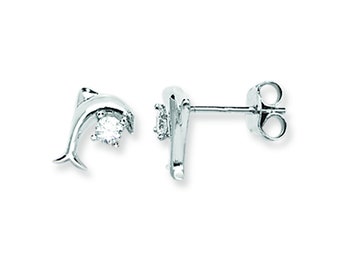 Aeon Real Sterling Silver Dolphin Stud Earrings Set with Cubic Zirconia.