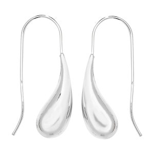 May include: A pair of silver teardrop dangle earrings with a smooth, curved design.