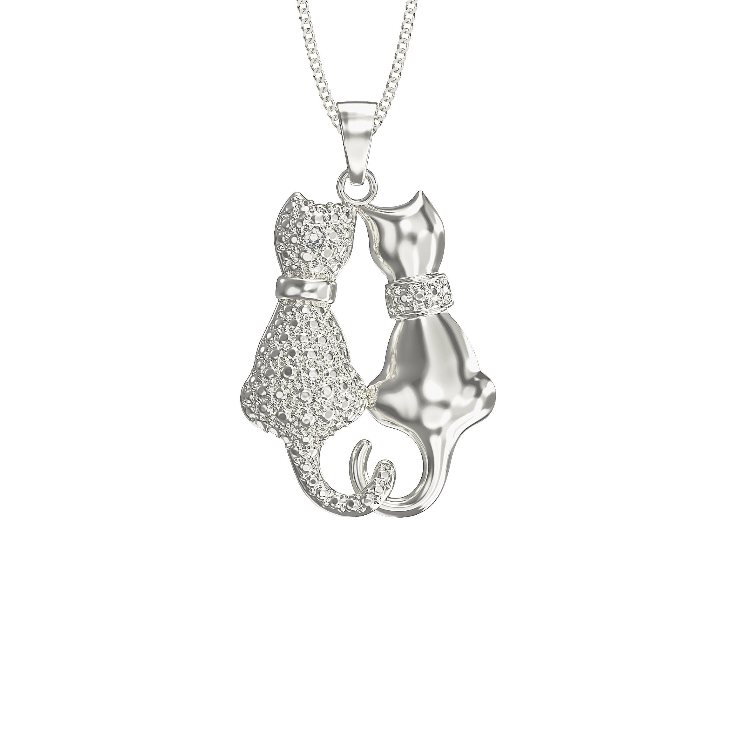 925 Sterling Silver Two Cat Necklace. Double Cat Pendant for Etsy