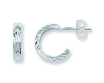 Aeon Real Sterling Silver Diamond Cut Half Hoop Earrings.  11mm * 3mm 925 Hypoallergenic Silver Half Hoop Earrings For Women