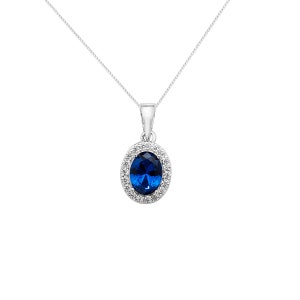 Aeon Sterling Silver Cubic Zirconia Rhodium Plated with Blue Sapphire Colour Centre Pendant Necklace Chain - Hypoallergenic Sterling Silver