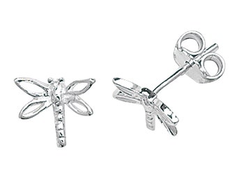 Aeon Real Sterling Plain Dragonfly Stud Earrings - Hypoallergenic Sterling Silver Jewellery for Children, Silver Earrings for Kids, Comfort