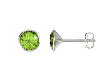 Aeon Real Sterling Silver Green Peridot Swarovski Crystal Stud earrings August Birthstone earrings. 6mm Real Swarovski Crystal Stud earrings