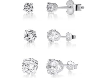 Aeon Set of Real Sterling Silver Cubic Zirconia Stud Earrings - 3mm 5mm 6mm