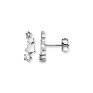 May include: A pair of silver stud earrings. Each earring has a vertical design of three star shapes, with a small, clear gemstone at the top and bottom. The earrings are displayed on a white background.
