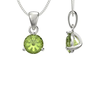 Aeon Real 925 Sterling Silver August Birthstone Pendant Necklace for Women Girls. Olive Green Coloured 7mm Cubic Zirconia Peridot.  Adjustab
