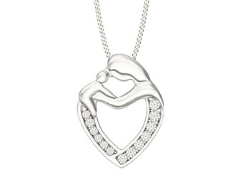 Aeon Sterling Silver Cubic Zirconia Mother & Child Heart Pendant, Necklace Chain - Hypoallergenic Durable Quality Sterling Silver Pendant -