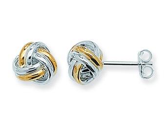 Aeon Real Sterling Silver Two Tone Silver & Gold Plating Knot Earring.  8mm * 8mm 925 Boucles d’oreilles à nœud bicolore en argent