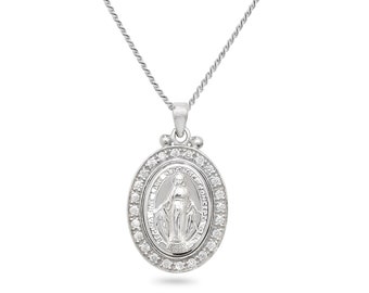 Aeon Real Sterling Silver Miraculous Medal Pendant Necklace with Cubic Zironcia and Adjustable Chain