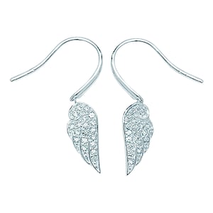May include: Silver dangle earrings with a clear crystal angel wing design.