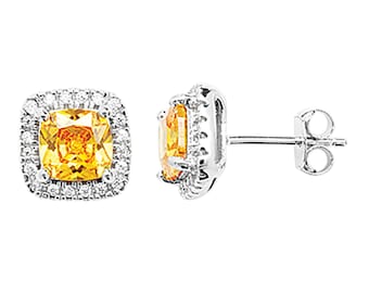 Aeon Square Citrine Colour Cubic Zirconia and White Cubic Zirconia Earrings - Hypoallergenic Sterling Silver for Ladies, Silver Earrings for