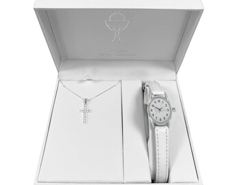 Aeon Girls First Holy Communion White Kids Watch And Sterling Silver Sparkling Cubic Zirconia Cross Necklace Pendant Gift Set.