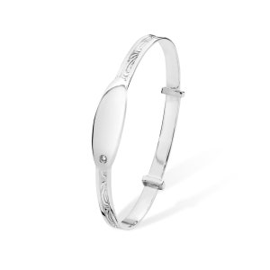 Aeon Real Sterling Silver Adjustable Baby Bangle For Girls with White Cubic Zirconia. Suitable for engraving.  925 Silver Baby / Childrens B