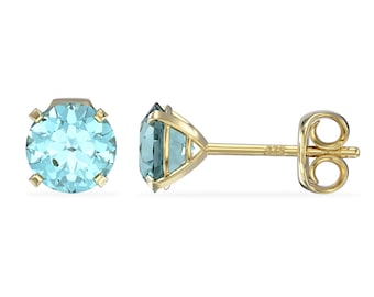 9ct Yellow Gold Birthstone Stud Earrings for Women Girls March Light Blue Coloured Cubic Zirconia Aquamarine. 5mm *5mm