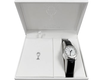 Aeon Boys Eerste Heilige Communie Black Kids Watch en Sterling Silver Host Chalice Tie Pin Gift Set. Poetsdoek inbegrepen