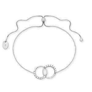 May include: A silver adjustable bracelet with two interlocking circles, one with a row of clear cubic zirconia stones.