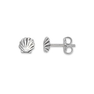 May include: A pair of silver seashell stud earrings. Each earring has a detailed, ridged seashell design. The earrings are shown against a white background, highlighting their bright, reflective surface. These earrings are a great accessory for those who love the sea.