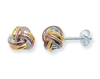 Clous d'oreilles Aeon en argent sterling véritable trois tons. Boucles d'oreilles noeud tricolore en argent 925 8 mm * 9 mm